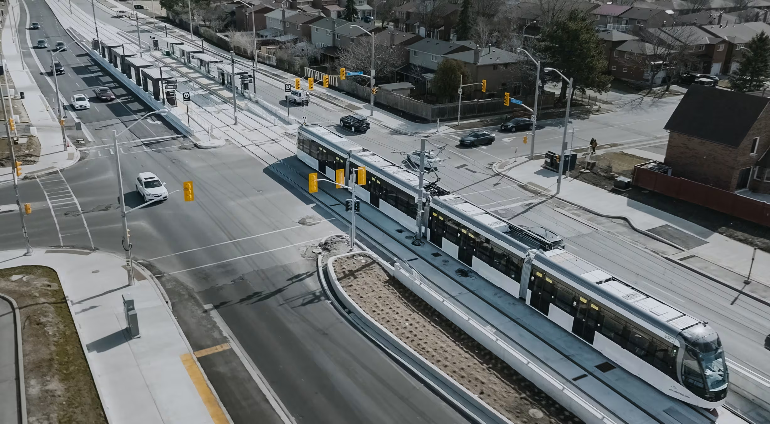 Finch West Light Rail Vehicle arriving at stop