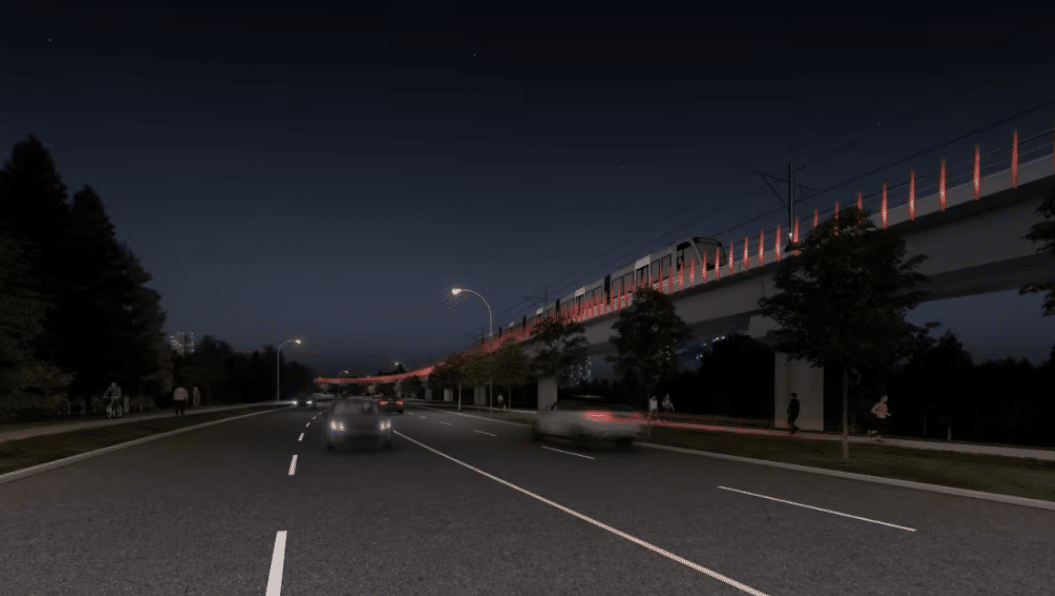 Redner of Eglinton Crosstown West Extension – Elevated Guideway at night